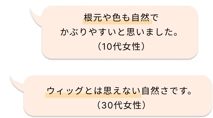 根元や色も自然でかぶりやすいと思いました。（10代女性）、ウィッグとは思えない自然さです。（30代女性）